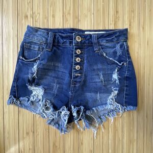 Papaya High Rise Kylie destroyed Blue Denim Jean Shorts Button Fly Raw Hem Small